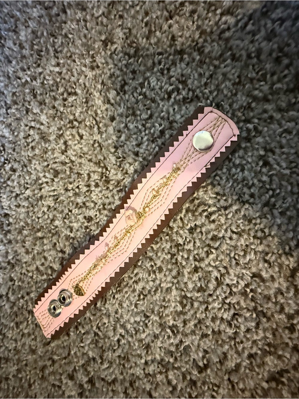 Pink Leather Snap Bracelet with Gold Accent Chains 3